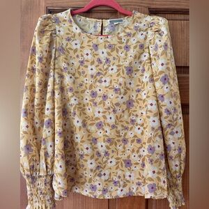Pleione Blouse Top Women’s Small Yellow Floral Puff Sleeve Easter Spring